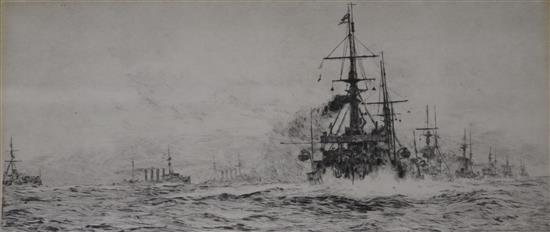 William Lionel Wyllie (1851-1931), etching, war ships at sea, signed in pencil, 10 x 22cm